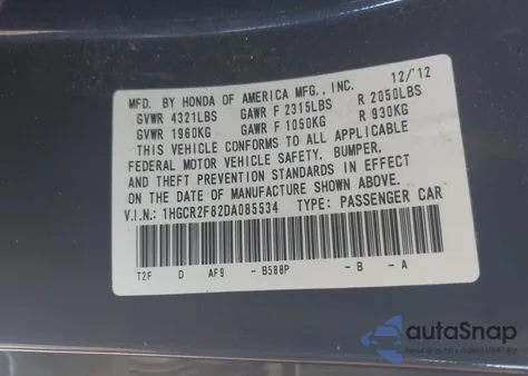 2013 Honda Accord Ex-L z USA, uszkodzony, nr VIN 1HGCR2F82DA085534